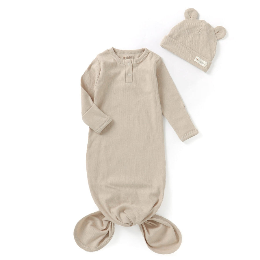 JBØRN Organic Cotton Knotted Baby Gown & Hat Sandstone - Personalisable Baby Products Sold and Personalised by JustBørn