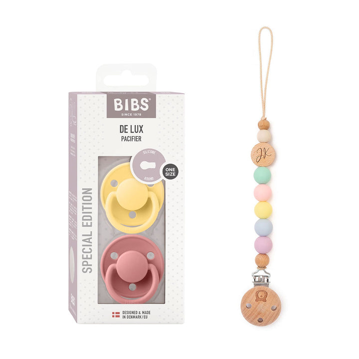 BIBS De Lux Silicone Pacifiers + JBØRN Rainbow Pacifier Clip Set Pale Butter Dusty Pink - Personalisable Baby Products Sold and Personalised by JustBørn