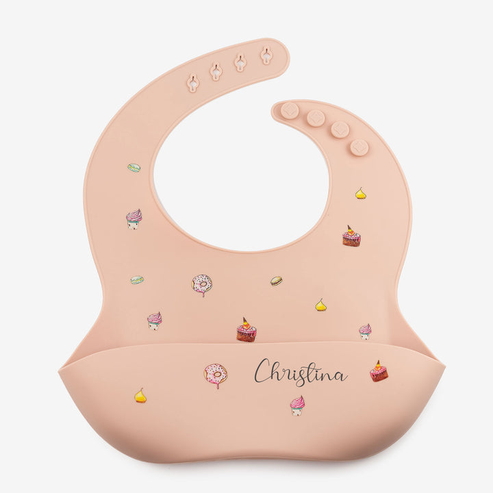 JBØRN Silicone Baby Feeding Bib Cakes Blush - Personalisable Baby Products Sold and Personalised by JustBørn