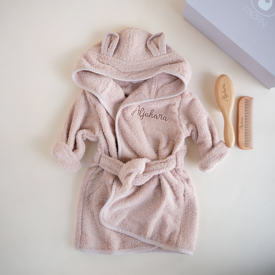 JBØRN Baby Gift Set | Organic Cotton Bath Robe (1-2 Years) & Hair Brush Set Blush Yes - Personalisable Baby Products Sold and Personalised by JustBørn