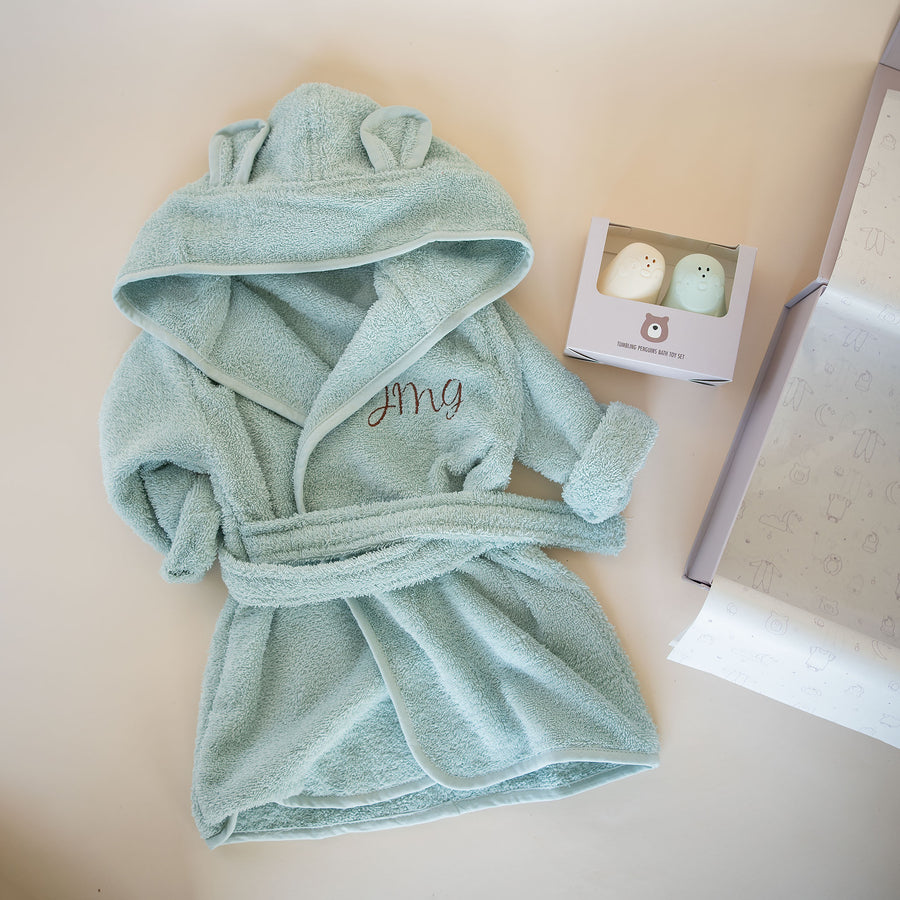 JBØRN Baby Gift Set | Organic Cotton Robe (6 months - 2 Years Old) Years) & Bath Toys Mint - Personalisable Baby Products Sold and Personalised by JustBørn