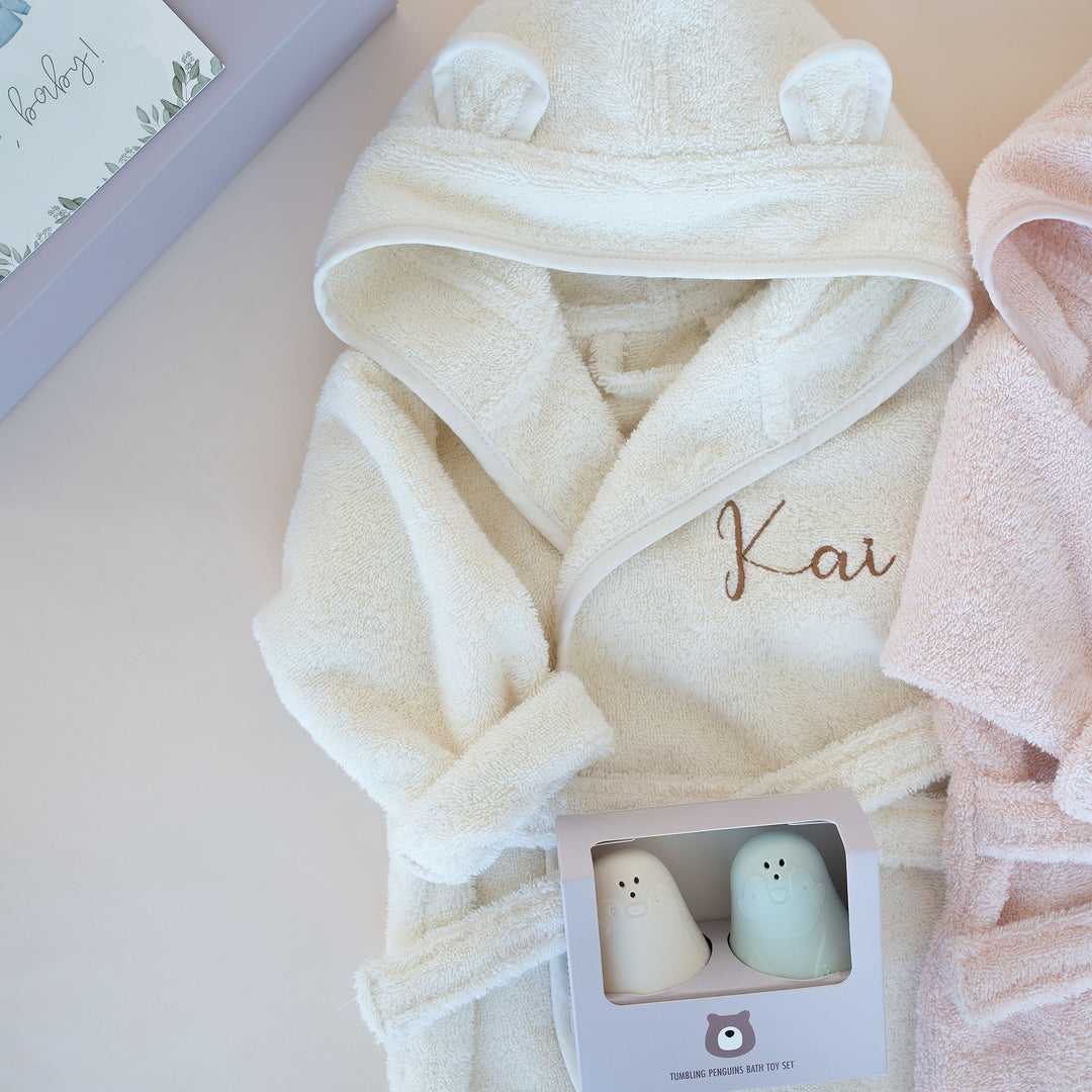 JBØRN Baby Gift Set | Organic Cotton Robe (6 months - 2 Years Old) Years) & Bath Toys Ivory - Personalisable Baby Products Sold and Personalised by JustBørn