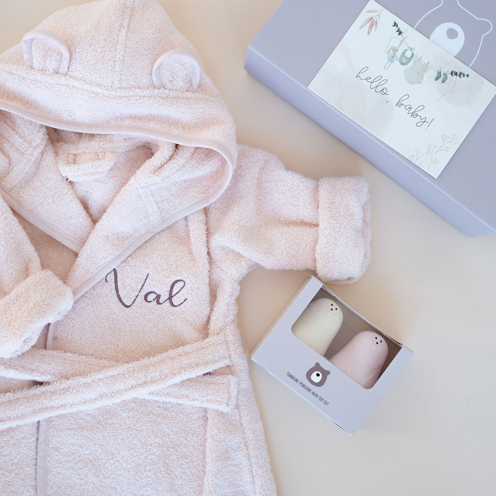 JBØRN Baby Gift Set | Organic Cotton Robe (6 months - 2 Years Old) Years) & Bath Toys Blossom Set - Personalisable Baby Products Sold and Personalised by JustBørn