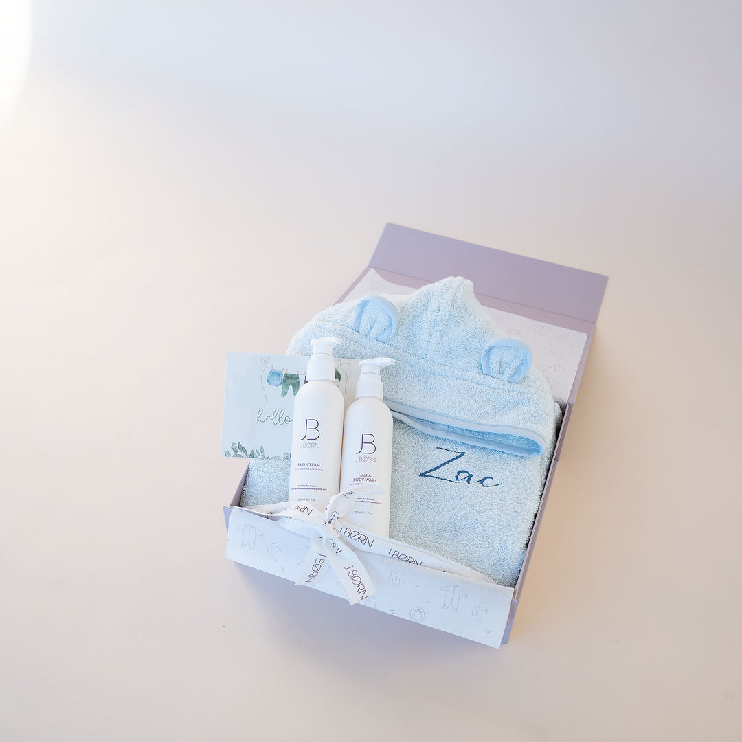 JBØRN Baby Bath Robe & Skin Care Gift Set Baby Blue - Personalisable Baby Products Sold and Personalised by JustBørn