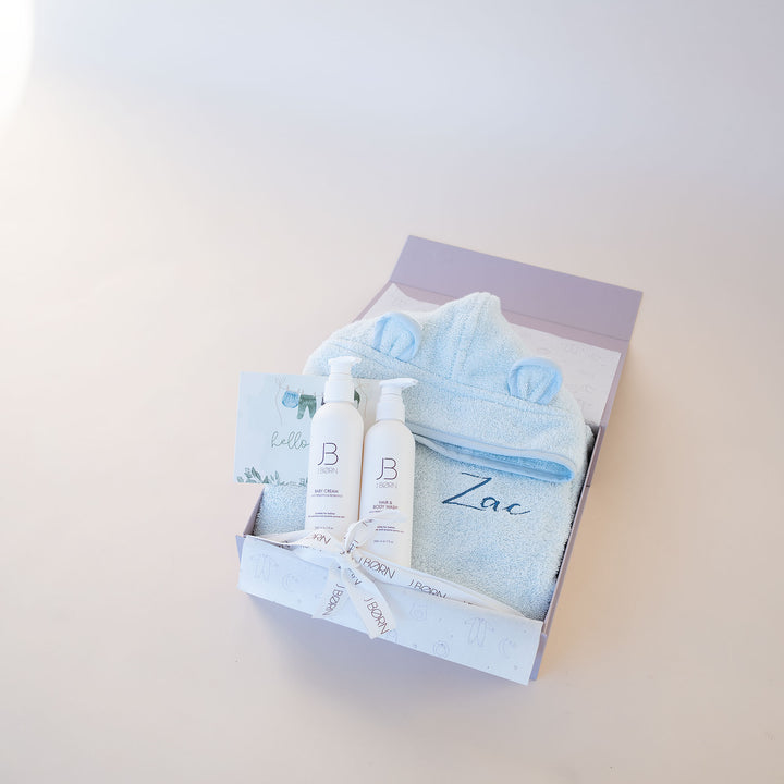 JBØRN Baby Bath Robe & Skin Care Gift Set Baby Blue - Personalisable Baby Products Sold and Personalised by JustBørn