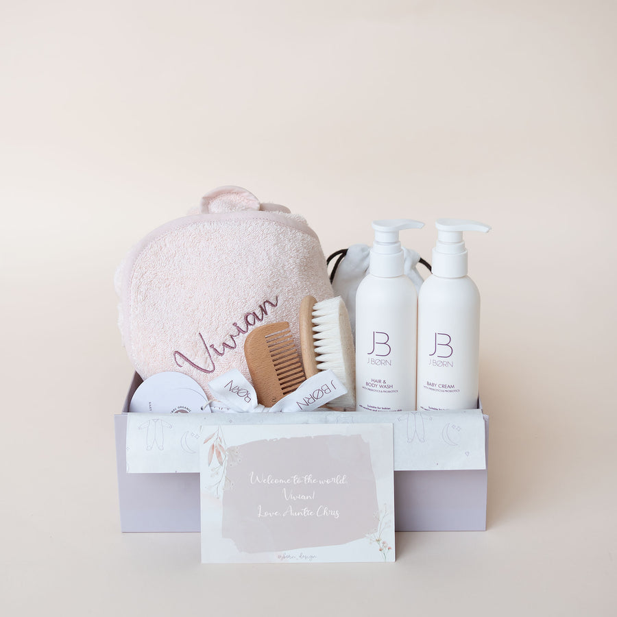 JBØRN Luxury Baby Bath Gift Set | Hooded Towel, Hair Brushes & Skin Care Set Blossom - Personalisable Baby Products Sold and Personalised by JustBørn