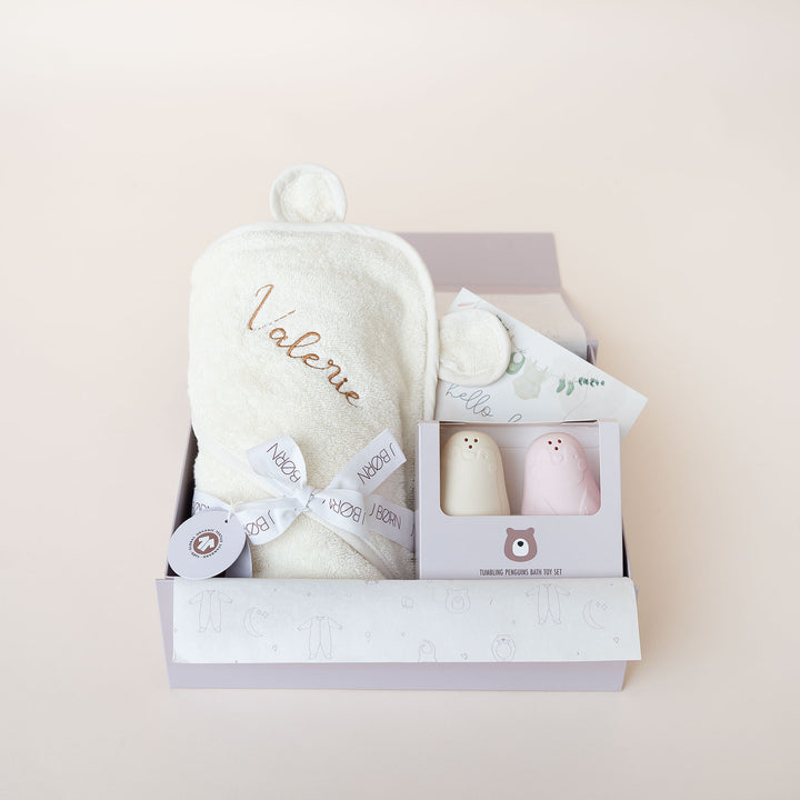 JBØRN Organic Cotton Baby Hooded Towel & Bath Toys Gift Set Ivory & Blossom Set - Personalisable Baby Products Sold and Personalised by JustBørn