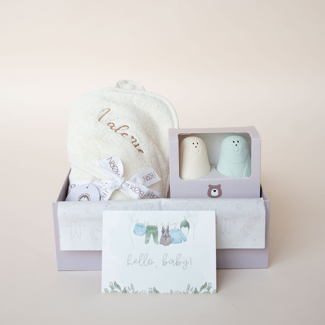 JBØRN Organic Cotton Baby Hooded Towel & Bath Toys Gift Set Ivory & Seafoam Set - Personalisable Baby Products Sold and Personalised by JustBørn