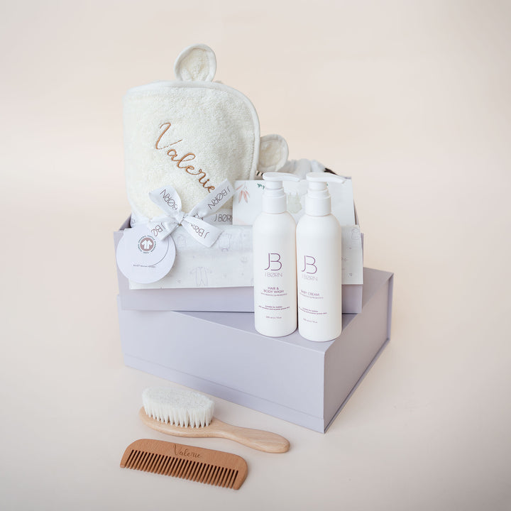 JBØRN Luxury Baby Bath Gift Set | Hooded Towel, Hair Brushes & Skin Care Set Ivory - Personalisable Baby Products Sold and Personalised by JustBørn