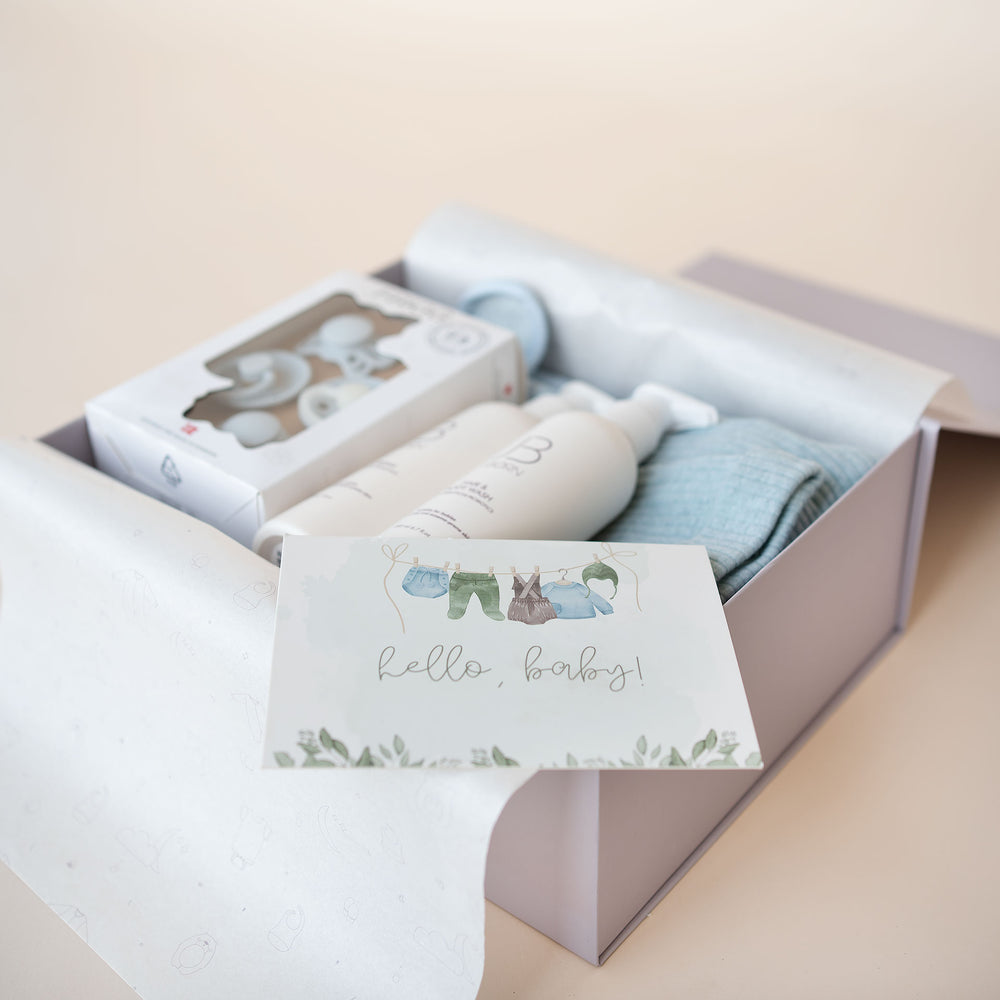 JBØRN Baby Boy Gift Set | First Pacifiers, Organic Cotton Towel, Sleep Suit & Skin Care Set - Personalisable Baby Products Sold and Personalised by JustBørn