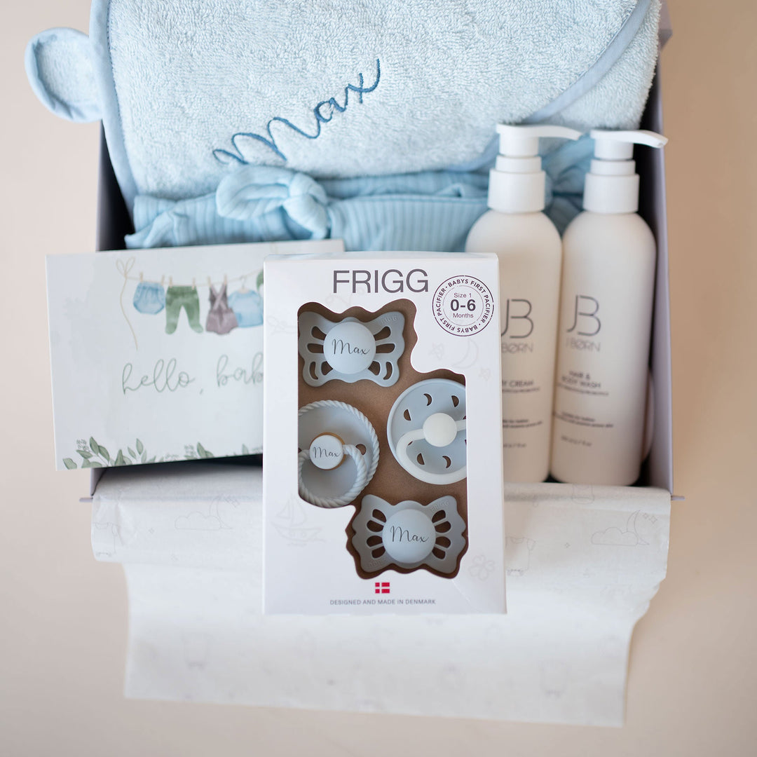 JBØRN Baby Boy Gift Set | First Pacifiers, Organic Cotton Towel, Sleep Suit & Skin Care Set - Personalisable Baby Products Sold and Personalised by JustBørn