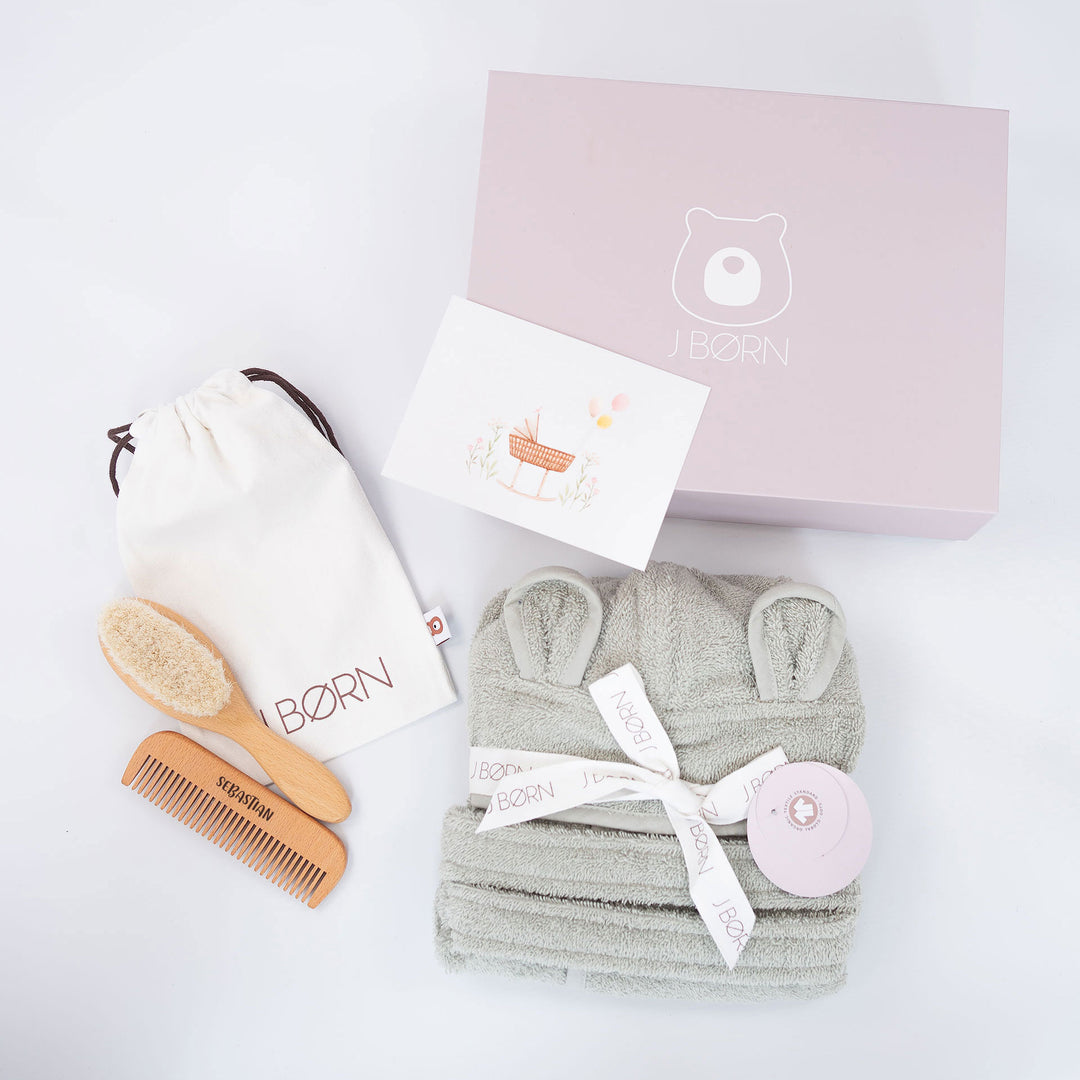 JBØRN Baby Gift Set | Organic Cotton Bath Robe (1-2 Years) & Hair Brush Set Sage - Personalisable Baby Products Sold and Personalised by JustBørn