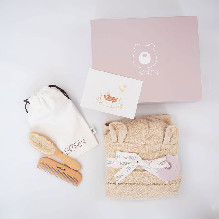 JBØRN Baby Gift Set | Organic Cotton Bath Robe (1-2 Years) & Hair Brush Set Vanilla - Personalisable Baby Products Sold and Personalised by JustBørn