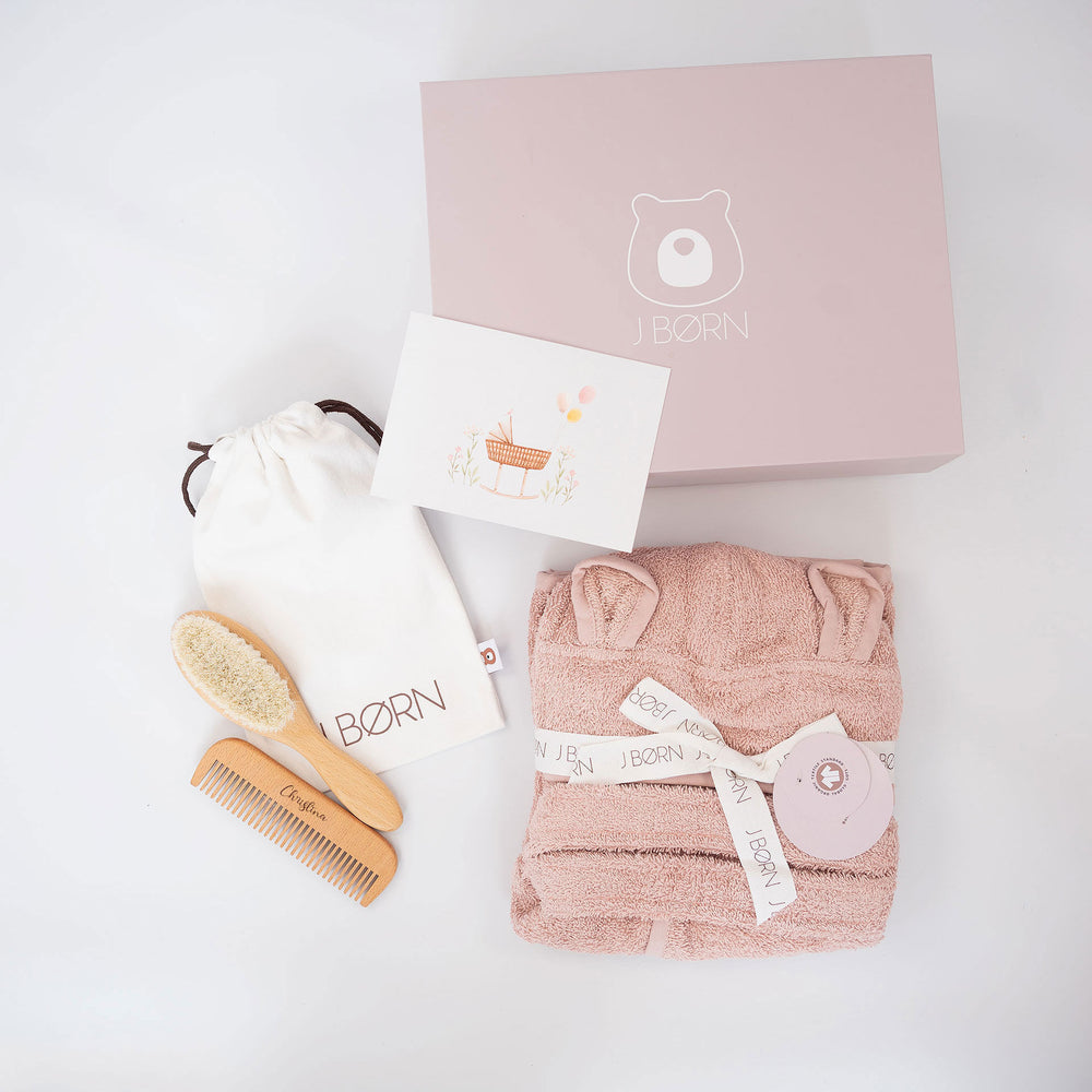 JBØRN Baby Gift Set | Organic Cotton Bath Robe (1-2 Years) & Hair Brush Set Blush No - Personalisable Baby Products Sold and Personalised by JustBørn