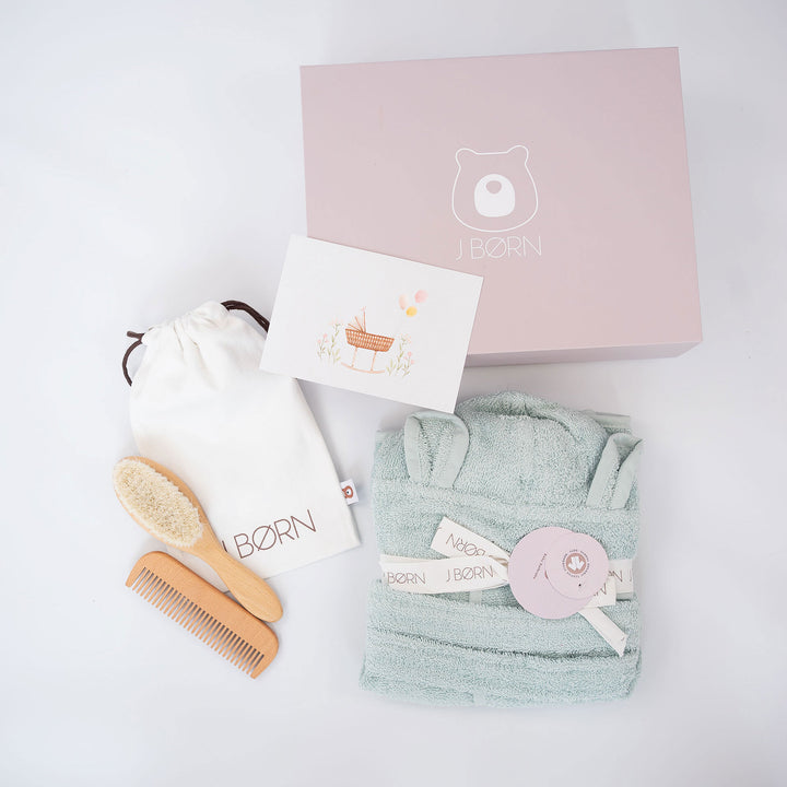 JBØRN Baby Gift Set | Organic Cotton Bath Robe (1-2 Years) & Hair Brush Set Mint - Personalisable Baby Products Sold and Personalised by JustBørn