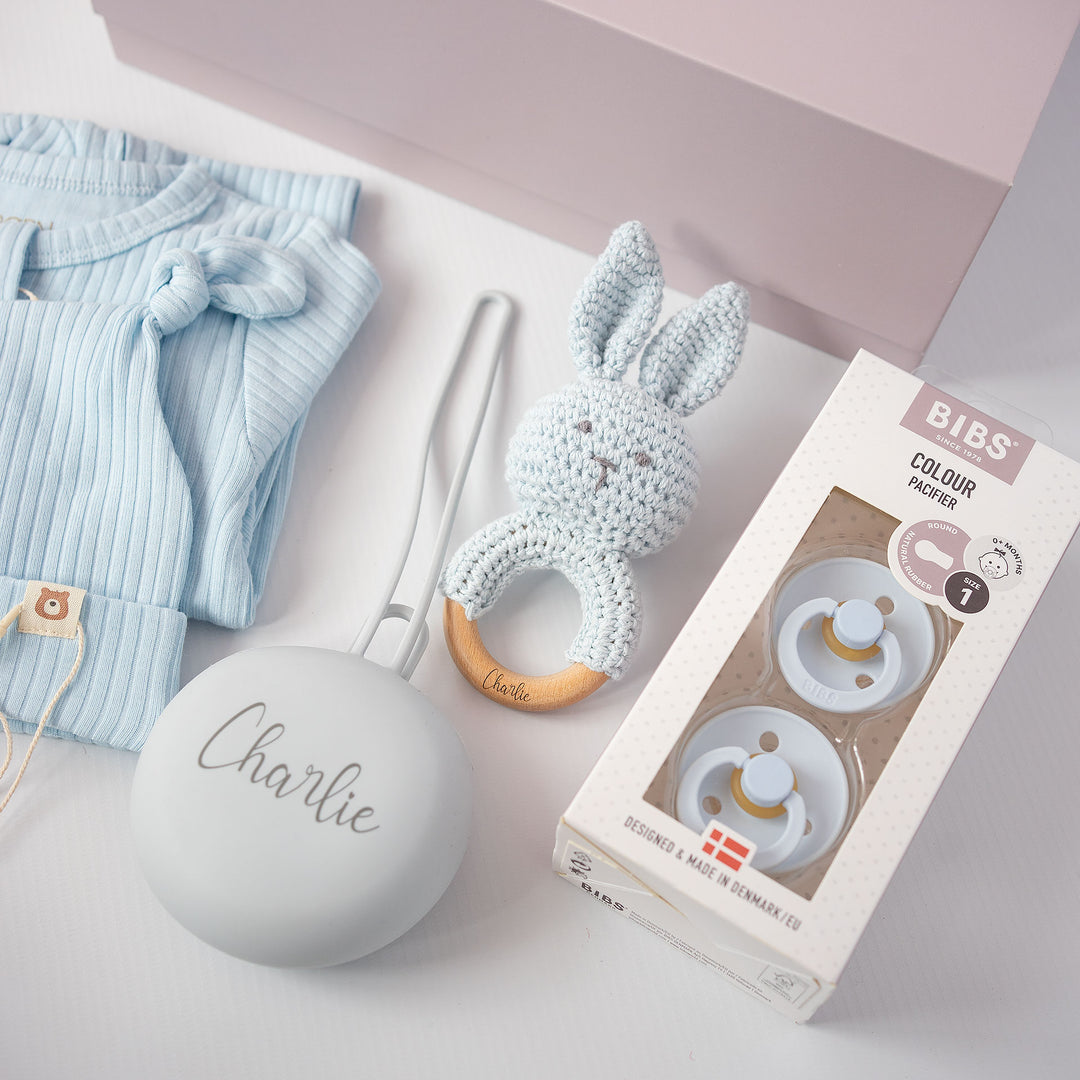 JBØRN Sleepsuit & Matching Accessories Set | Baby Blue | Gift Set BIBS Colour Round Rubber Latex 2 Pack Baby Blue - Personalisable Baby Products Sold and Personalised by JustBørn