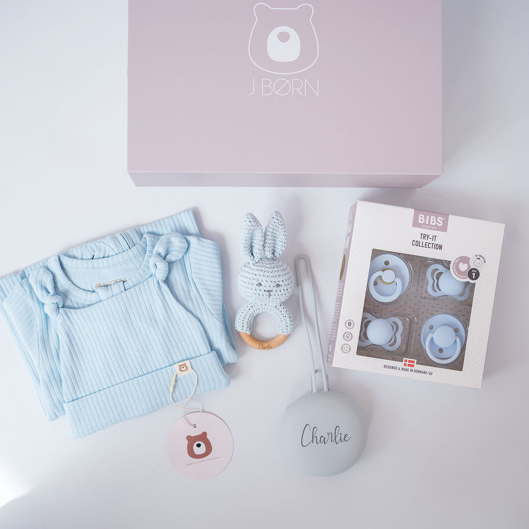 JBØRN Sleepsuit & Matching Accessories Set | Baby Blue | Gift Set BIBS Try-It Collection 4 Pack Baby Blue - Personalisable Baby Products Sold and Personalised by JustBørn