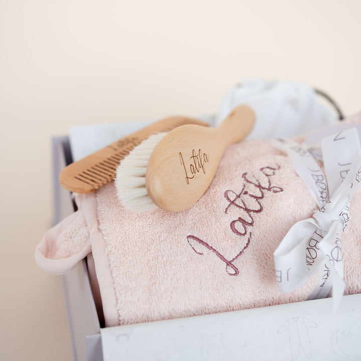 JBØRN Baby Gift Set | Organic Cotton Towel & Hair Brush Set Blossom - Personalisable Baby Products Sold and Personalised by JustBørn