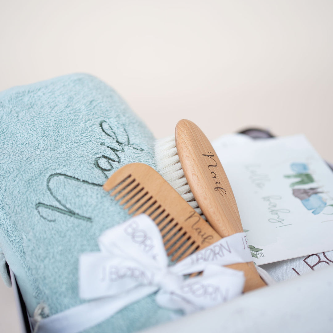 JBØRN Baby Gift Set | Organic Cotton Towel & Hair Brush Set - Personalisable Baby Products Sold and Personalised by JustBørn