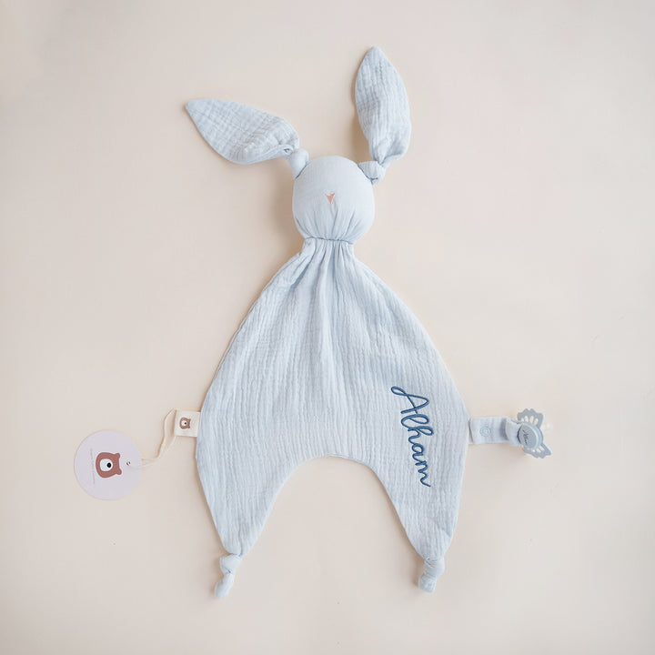 JBØRN Organic Cotton Bunny Comforter Powder Blue Muslin - Personalisable Baby Products Sold and Personalised by JustBørn