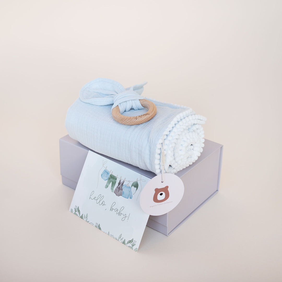 JBØRN Organic Muslin Swaddle Blanket & Teether Gift Set Powder Blue Muslin - Personalisable Baby Products Sold and Personalised by JustBørn