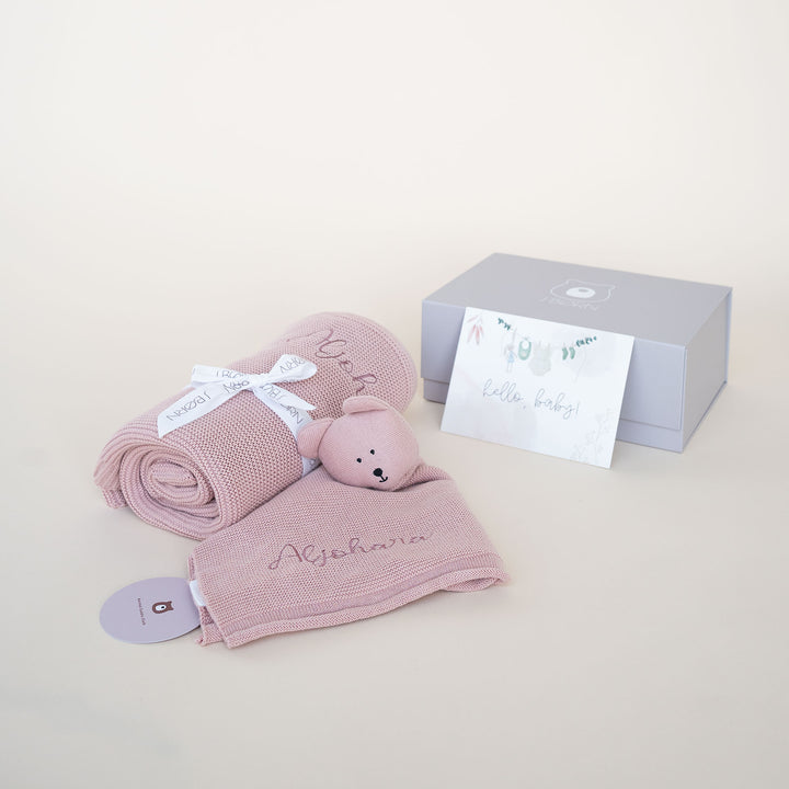 JBØRN Personalised Knitted Blanket & Comforter Gift Box Blush Blanket & Comforter - Personalisable Baby Products Sold and Personalised by JustBørn