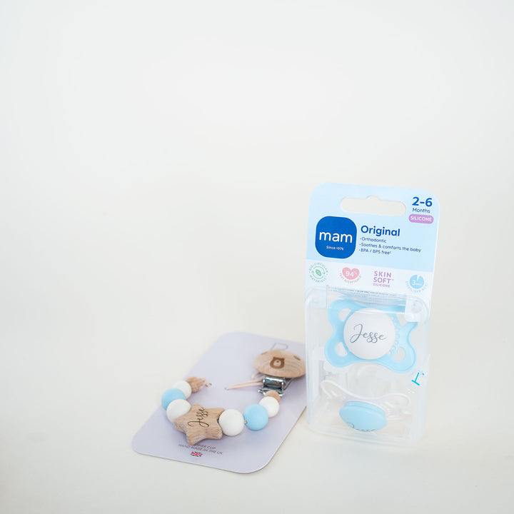 MAM Original Soother 0+/ 2-6 Months & Matching Pacifier Clip Original Cream & Baby Blue - Personalisable Baby Products Sold and Personalised by JustBørn