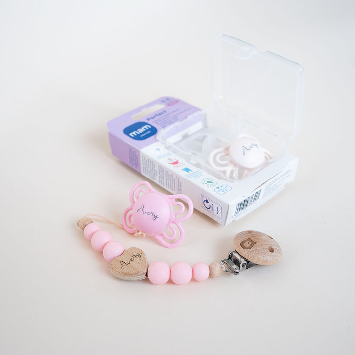 MAM Soother Perfect 0-6 Months & Matching Pacifier Clip Baby Pink & Cream - Personalisable Baby Products Sold and Personalised by JustBørn