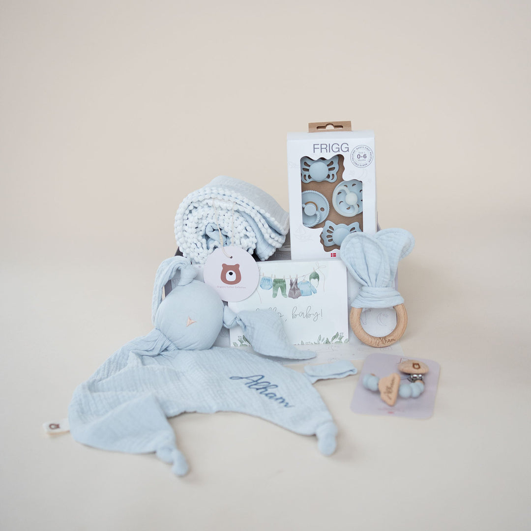 JBØRN Luxury Newborn Muslin Gift Set Powder Blue - Personalisable Baby Products Sold and Personalised by JustBørn