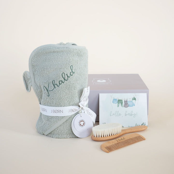 JBØRN Baby Gift Set | Organic Cotton Towel & Hair Brush Set Sage - Personalisable Baby Products Sold and Personalised by JustBørn