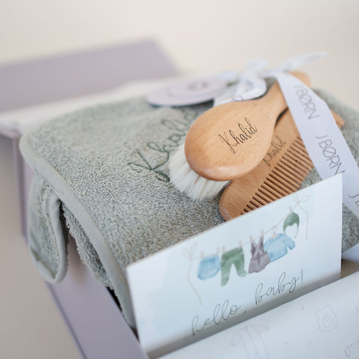 JBØRN Baby Gift Set | Organic Cotton Towel & Hair Brush Set - Personalisable Baby Products Sold and Personalised by JustBørn