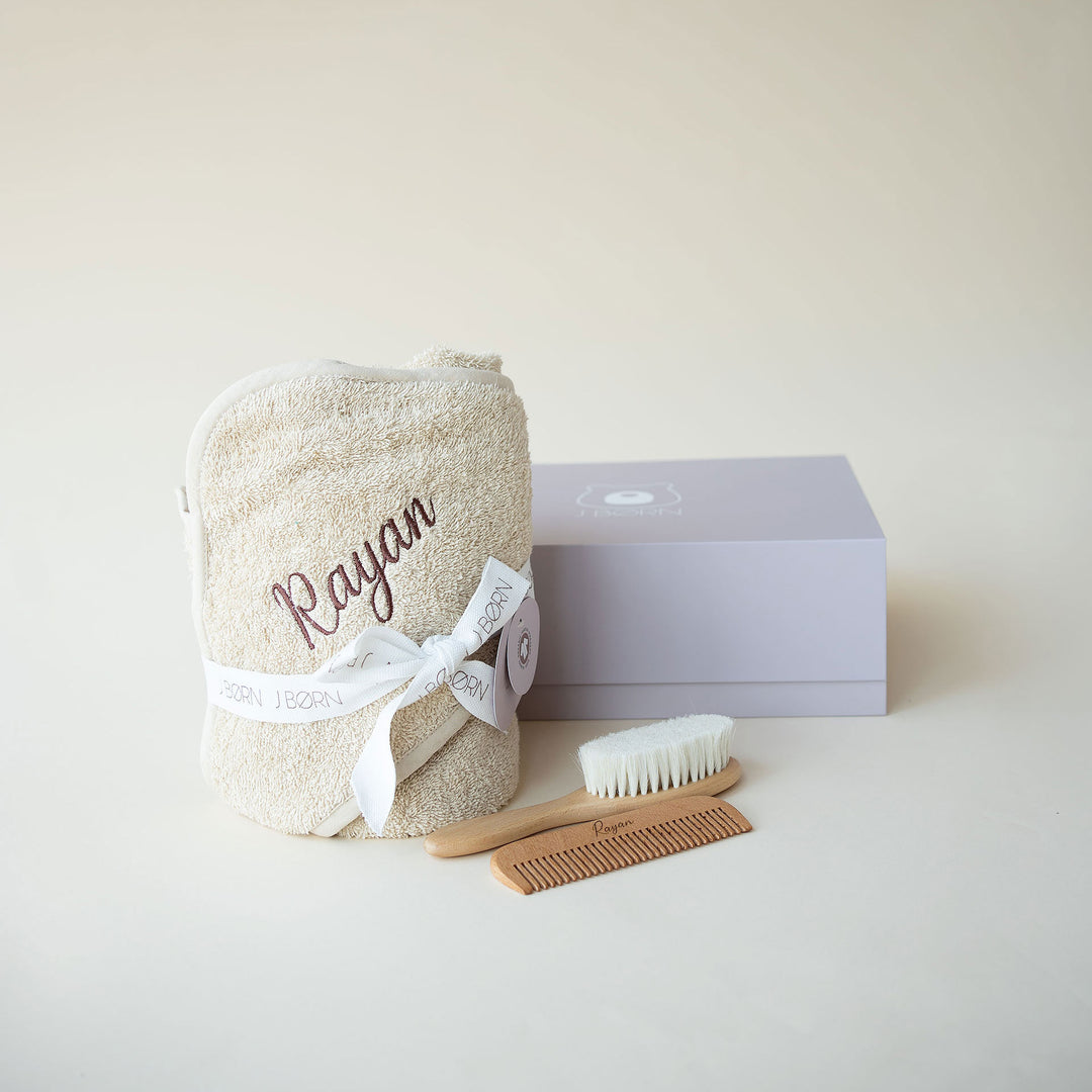 JBØRN Baby Gift Set | Organic Cotton Towel & Hair Brush Set Vanilla - Personalisable Baby Products Sold and Personalised by JustBørn