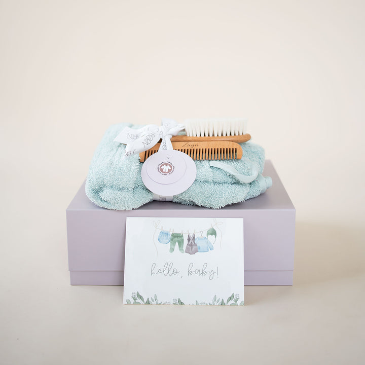 JBØRN Baby Gift Set | Organic Cotton Bath Robe & Hair Brush Set Mint - Personalisable Baby Products Sold and Personalised by JustBørn