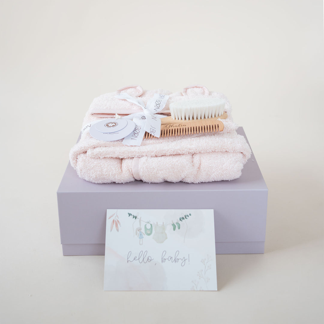 JBØRN Baby Gift Set | Organic Cotton Bath Robe & Hair Brush Set Blossom - Personalisable Baby Products Sold and Personalised by JustBørn