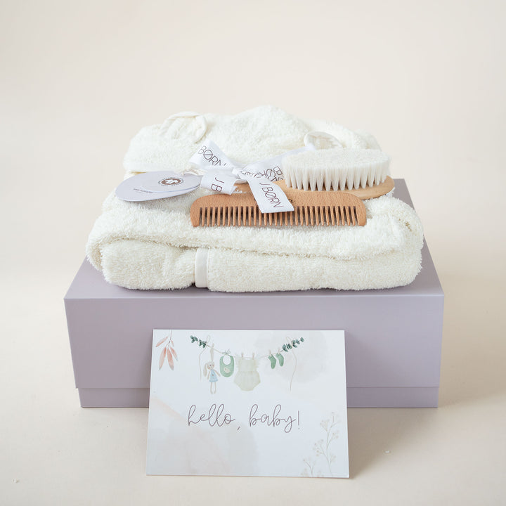 JBØRN Baby Gift Set | Organic Cotton Bath Robe & Hair Brush Set - Personalisable Baby Products Sold and Personalised by JustBørn