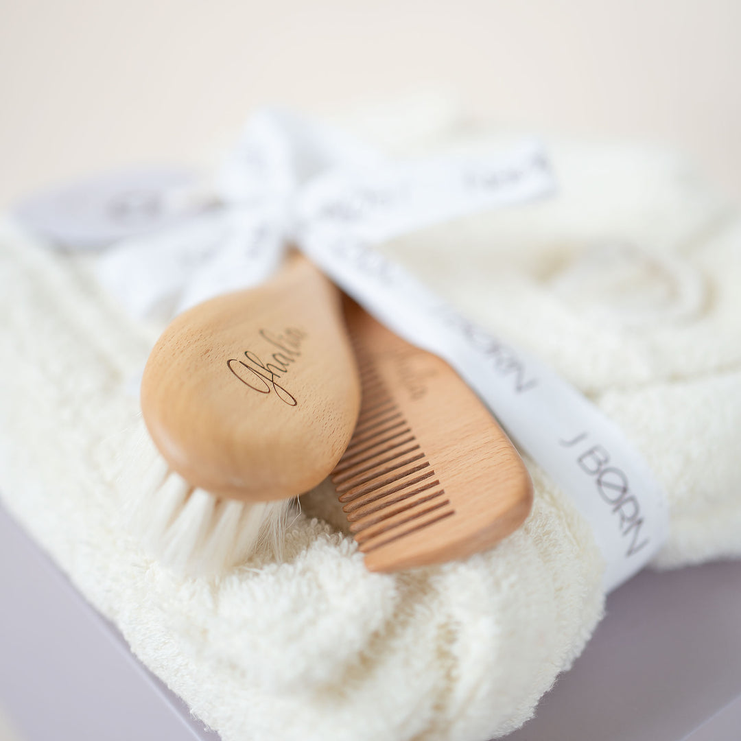 JBØRN Baby Gift Set | Organic Cotton Bath Robe & Hair Brush Set Ivory - Personalisable Baby Products Sold and Personalised by JustBørn