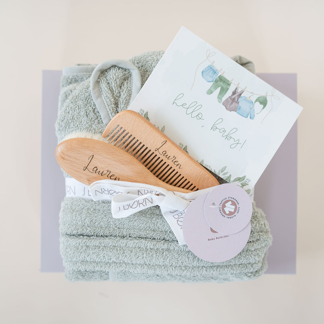 JBØRN Baby Gift Set | Organic Cotton Bath Robe & Hair Brush Set Sage - Personalisable Baby Products Sold and Personalised by JustBørn