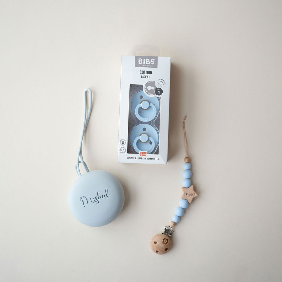 BIBS x JBØRN Set | 2 Pack Pacifiers with Matching Holders Baby Blue - Personalisable Baby Products Sold and Personalised by JustBørn