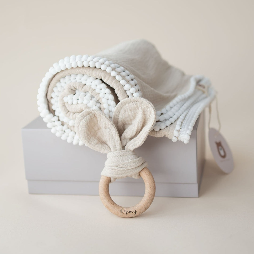 JBØRN Organic Muslin Swaddle Blanket & Teether Gift Set Sandstone Muslin - Personalisable Baby Products Sold and Personalised by JustBørn