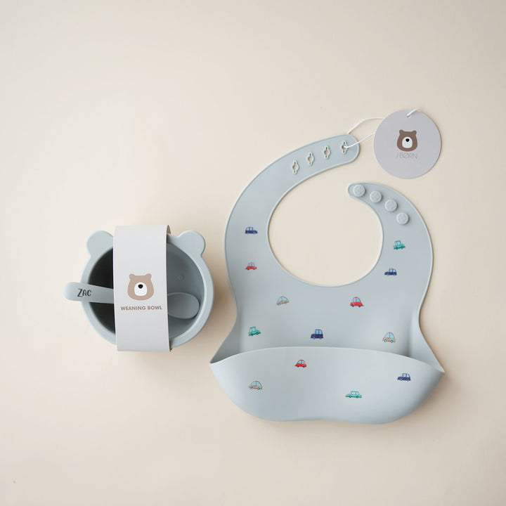 JBØRN Silicone Bowl, Spoon and Bib Set Cloud - Personalisable Baby Products Sold and Personalised by JustBørn