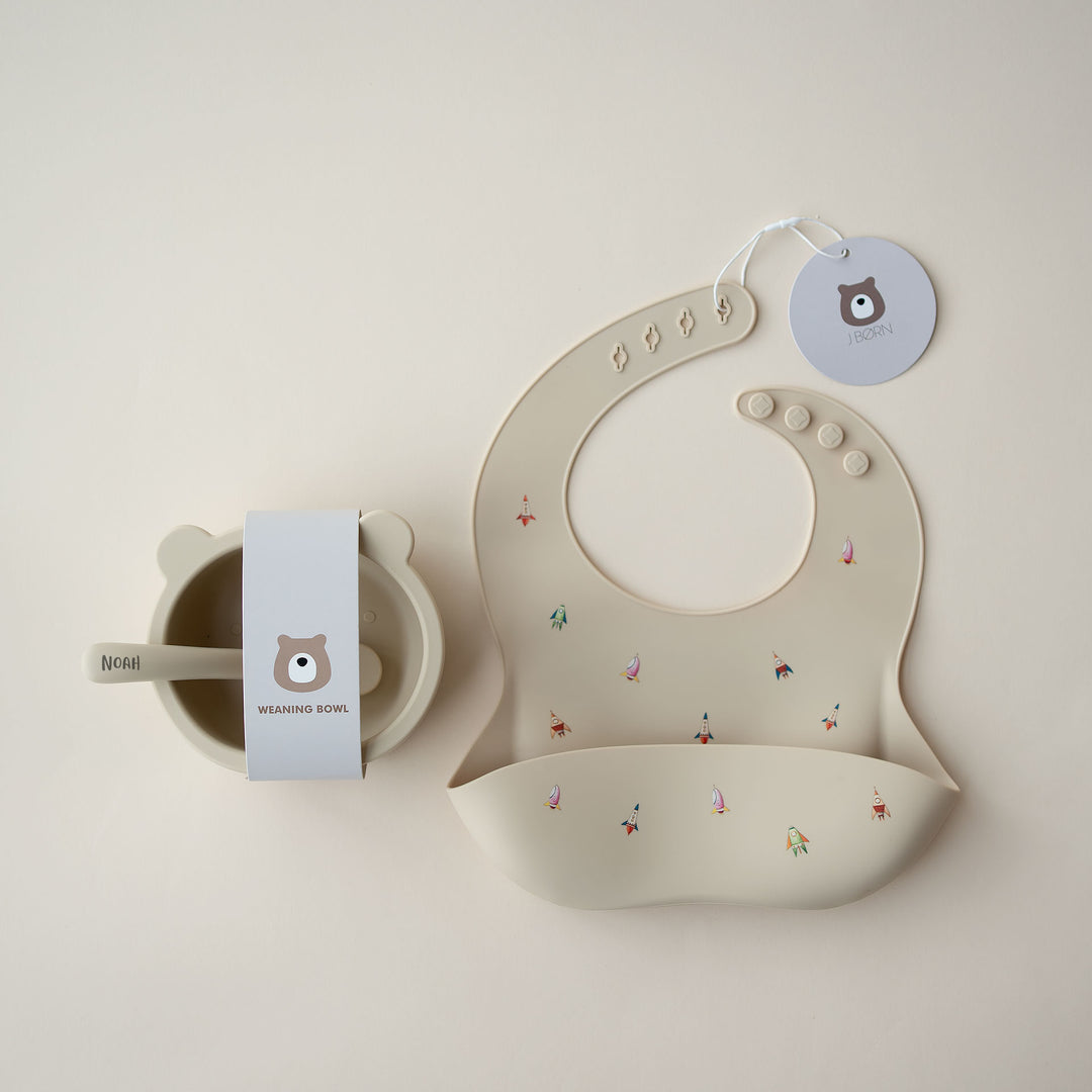 JBØRN Silicone Bowl, Spoon and Bib Set Vanilla - Personalisable Baby Products Sold and Personalised by JustBørn