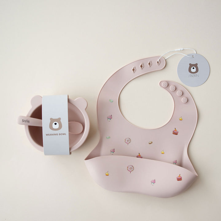 JBØRN Silicone Bowl, Spoon and Bib Set Blush - Personalisable Baby Products Sold and Personalised by JustBørn