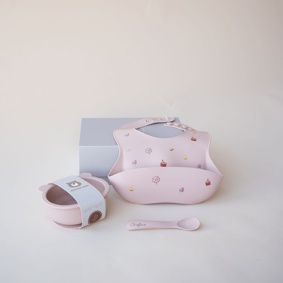 JBØRN Silicone Bowl, Spoon and Bib Set | Weaning Gift Set Blush - Personalisable Baby Products Sold and Personalised by JustBørn