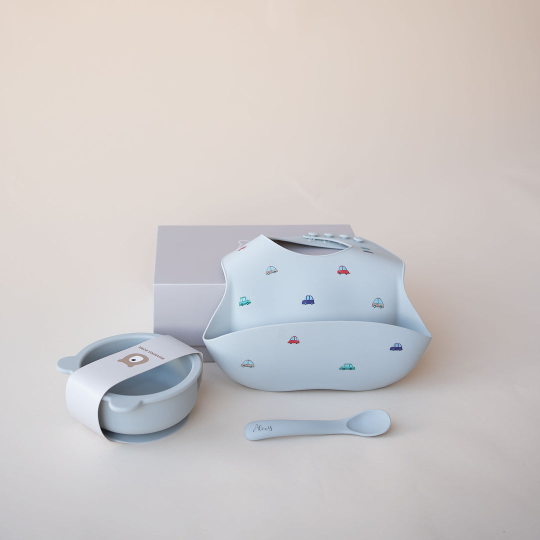 JBØRN Silicone Bowl, Spoon and Bib Set | Weaning Gift Set Cloud - Personalisable Baby Products Sold and Personalised by JustBørn