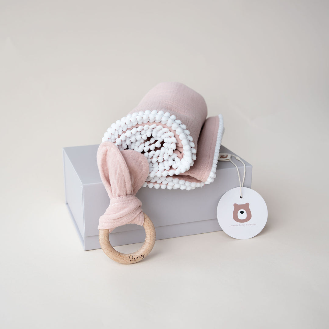 JBØRN Organic Muslin Swaddle Blanket & Teether Gift Set Blush Muslin - Personalisable Baby Products Sold and Personalised by JustBørn