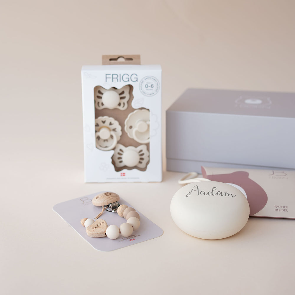 JBØRN X FRIGG First Pacifiers & Holders Baby Gift Set Sandstone - Personalisable Baby Products Sold and Personalised by JustBørn