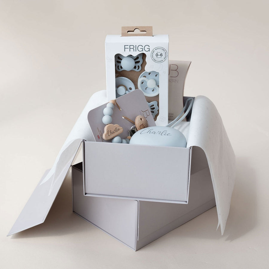 JBØRN X FRIGG First Pacifiers & Holders Baby Gift Set Powder Blue - Personalisable Baby Products Sold and Personalised by JustBørn