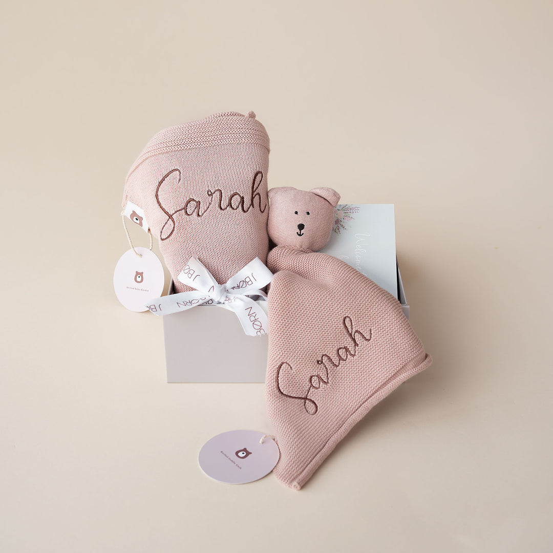 JBØRN Personalised Knitted Blanket & Comforter Gift Box Blush Blanket & Comforter - Personalisable Baby Products Sold and Personalised by JustBørn