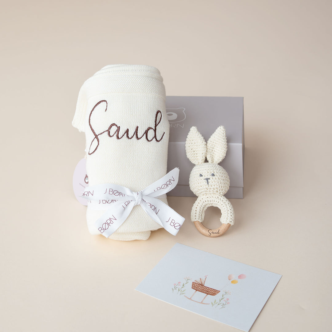 JBØRN - New Baby Gift - Knitted Blanket & Bunny Rattle Toy - Personalisable Baby Products Sold and Personalised by JustBørn