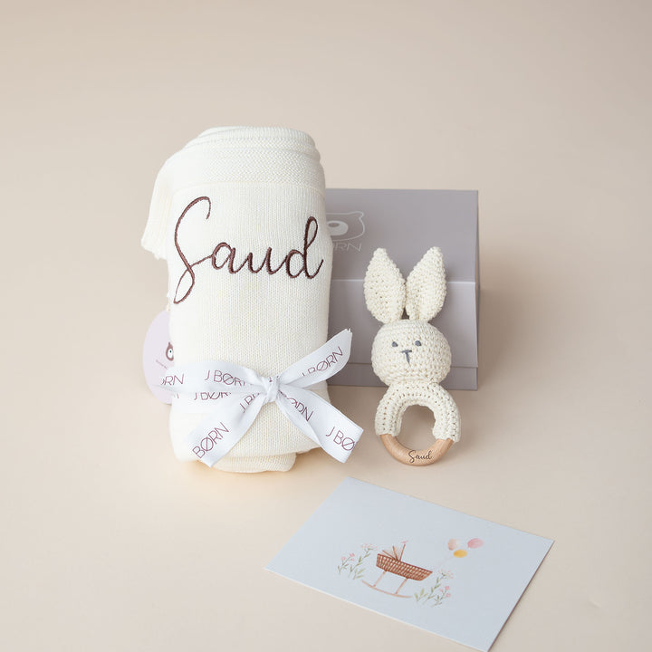 JBØRN - New Baby Gift - Knitted Blanket & Bunny Rattle Toy - Personalisable Baby Products Sold and Personalised by JustBørn